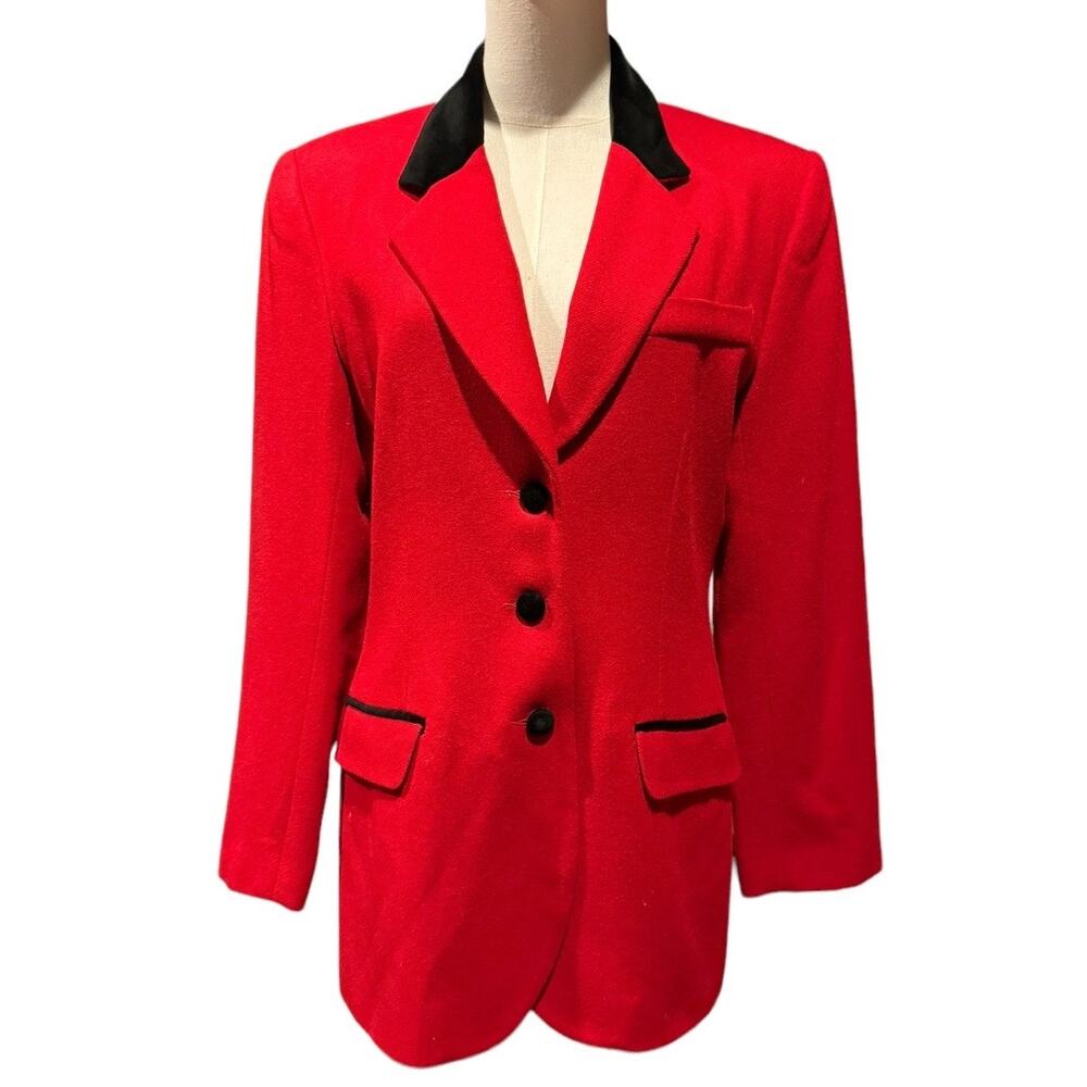 Vintage 90’s David N Red Wool Fitted Blazer with Black Velvet trim size medium